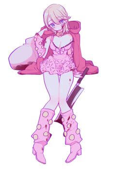 1girl blonde_hair blood blue_eyes breasts cape cleaver full_body genderswap genderswap_(mtf) highres johnny_joestar jojo_no_kimyou_na_bouken lips looking_at_viewer medium_hair red_cape red_hood simple_background solo steel_ball_run white_background yuki_jj