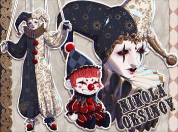 1girl bell black_nails black_sclera blackberreh-art closed_eyes closed_mouth clown clown_makeup colored_sclera colored_skin design_speculation doll eyelashes grin hat hat_bell highres jester_cap jingle_bell joints lips lipstick makeup marionette neck_ruff nikola_orsinov puppet red_eyes red_hair red_lips sharp_teeth shoes short_hair sitting smile stuffed_toy teeth the_magnus_archives white_skin