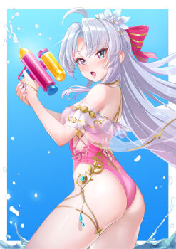 Rule 34 | 1girl, absurdres, ahoge, anarchyart, aqua eyes, artist name, ass, back cutout, bare shoulders, blush, border, bow, breasts, carlotta (splashing summer) (wuthering waves), carlotta (wuthering waves), casual one-piece swimsuit, clothing cutout, commentary request, cowboy shot, fingernails, flower, frilled one-piece swimsuit, frills, from side, grey hair, hair bow, hair flower, hair ornament, highleg, highleg one-piece swimsuit, highres, holding, holding water gun, long hair, looking at viewer, looking to the side, multicolored eyes, nail polish, official alternate costume, one-piece swimsuit, open mouth, parted bangs, partial commentary, pink bow, pink eyes, pink nails, pink one-piece swimsuit, sidelocks, small breasts, solo, striped bow, swimsuit, tacet mark (wuthering waves), thighs, two-tone eyes, variant set, water gun, white border, white flower, wuthering waves