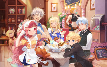 ahoge alternate_costume anais_del_caril apron ascot bare_arms bare_shoulders belt black_coat black_cross_tie black_gloves black_pants black_shirt black_shorts black_vest blonde_hair blue_ascot blue_eyes blue_hair blue_shirt blue_shorts blue_sleeves book bow bowtie braid breasts brown_belt buckle candle chalkboard chest_of_drawers child choker closed_eyes closed_mouth coat collarbone collared_coat collared_dress commentary_request counter cowboy_shot crop_top cropped_shirt cross_tie dress dress_bow fingers_to_head fire food food_print frilled_apron frills gloves gold_buttons green_hair green_shirt green_sleeves grey_hair hand_on_another&#039;s_head hat high_collar highres holding holding_ice_cream_cone holding_polearm holding_spoon holding_weapon ice_cream ice_cream_cone ice_cream_parlor ice_cream_print indoors isaac_ducastel jar jewelry jurgen korean_commentary lanziee_rozen_kranz layered_dress leather_shirt long_hair long_sidelocks looking_at_another loose_belt medium_breasts midriff mila_nebraska mint_chocolate multiple_belts muscular muscular_male navel necklace nexon nocturne_de_vien official_art one_eye_closed open_mouth orange_hair pants picture_frame pink_apron pink_eyes pinstripe_pattern pinstripe_shirt pinstripe_sleeves plant polearm popped_collar pout print_apron print_hat puffy_shorts red_bow red_bowtie red_choker red_eyes red_pupils rug sale sang_ah_yoon shirt short_hair short_sleeves shorts sidelocks skull_necklace sleeve_cuffs sleeveless sleeveless_shirt sleeves_pushed_up spoon stairs stuffed_animal stuffed_toy sweatdrop sweets swept_bangs table tablecloth tales_weaver teddy_bear teeth three-quarter_sleeves tichiel_juspian tongue turtleneck turtleneck_shirt twin_braids undershirt upper_teeth_only very_long_hair vest visor_cap wafer_stick waist_apron waistcoat wavy_hair weapon white_apron white_gloves white_hat white_shirt white_sleeves white_visor wooden_floor wooden_stairs wooden_table wrist_cuffs yellow_eyes yellow_shirt yellow_sleeves