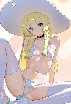 1girl absurdres artist_name bikini black_choker blonde_hair boots braid breasts cameltoe choker female_focus green_eyes hat highres lillie_(pokemon) long_hair looking_at_viewer navel nintendo otokakoto pokemon pokemon_sm sitting small_breasts solo spread_legs swimsuit thigh_boots thighhighs twin_braids white_bikini white_hat white_thighhighs