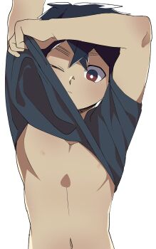 batsusuke black_hair clothes_lift hair_between_eyes highres kemono_jihen kusaka_kabane midriff_peek one_eye_closed shirt shirt_lift white_background