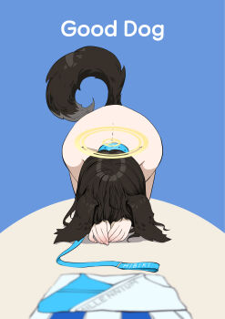 Rule 34 | 1girl, absurdres, animal collar, animal ears, ass, bdsm, black hair, blue archive, collar, dog ears, dog girl, dog tail, dogeza, english text, face down, facing viewer, halo, hibiki (blue archive), hibiki (cheer squad) (blue archive), highres, humiliation, leash, long hair, midfinger, naked dogeza, nude, on floor, slave, solo, tail, top-down bottom-up, unworn clothes, yellow halo
