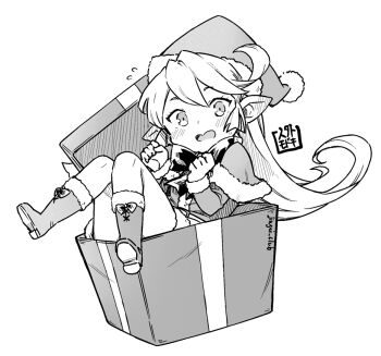 1girl alternate_costume artist_name blush boots capelet charlotta_(granblue_fantasy) christmas commentary_request ear_blush granblue_fantasy greyscale harvin hat jingai_modoki long_hair looking_at_viewer monochrome pointy_ears santa_costume santa_hat simple_background solo white_background