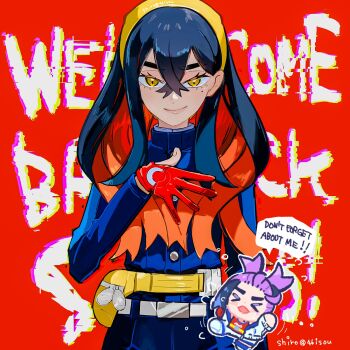 1boy 1girl artist_name black_hair blue_jacket blue_pants brother_and_sister carmine_(pokemon) chibi chibi_inset commentary crossed_bangs english_text gloves hair_between_eyes hairband hand_on_own_chest highres jacket kieran_(pokemon) long_hair long_sleeves looking_at_viewer mole mole_under_eye multicolored_hair nintendo open_clothes open_jacket pants pokemon pokemon_sv purple_hair red_background red_gloves red_hair shiro_(46isou) siblings single_glove white_jacket yellow_bag yellow_eyes yellow_hairband