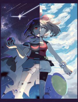 2girls belt bike_shorts bike_shorts_under_shorts blue_sky boots bow_hairband brown_hair cape cloak fukkatsu_no_maya gen_3_pokemon grey_cape grey_shorts hairband highres holding holding_poke_ball may_(pokemon) mega_ring multiple_girls nintendo open-toe_boots over-kneehighs poke_ball pokemon pokemon_oras ponytail red_belt red_hairband red_shirt rope_belt shirt short_ponytail shorts side-by-side sky star_(sky) starry_sky thighhighs whismur zinnia_(pokemon)
