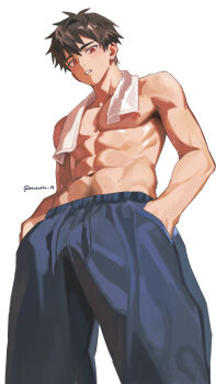 Rule 34 | 1boy, abs, absurdres, black hair, blue pants, from below, hands in pockets, highres, looking at viewer, male focus, male pubic hair, navel, nico eggroll, nipples, original, pants, pectorals, pubic hair, pubic hair peek, red eyes, short hair, simple background, solo, sweat, sweatpants, toned, toned male, topless male, towel, towel around neck, twitter username, white background