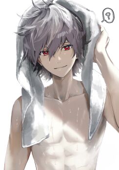 Rule 34 | 1boy, ?, after bathing, collarbone, commentary request, grey hair, hair between eyes, highres, looking at viewer, male focus, nagisa kaworu, neon genesis evangelion, nude, red eyes, short hair, simple background, smile, solo, soraaaa53, spoken question mark, towel, towel on head, upper body, wet, wet hair, white background