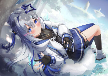 1girl absurdres amane_kanata amane_kanata_(work) asymmetrical_legwear belt black_dress black_gloves black_skirt blue_belt blue_hair blue_skirt blue_thighhighs blush closed_mouth colored_inner_hair commentary_request dress full_body gloves gradient_clothes gradient_skirt grey_hair hair_ornament hairclip halo high_collar highres hololive jacket jewelry long_hair long_sleeves looking_at_viewer low_twintails lying mismatched_legwear multicolored_hair necklace official_alternate_costume official_alternate_hair_length official_alternate_hairstyle on_back partially_fingerless_gloves pleated_skirt purple_eyes shoes single_hair_intake single_thighhigh skirt solo star_(symbol) star_halo star_necklace streaked_hair thighhighs twintails uneven_legwear virtual_youtuber white_jacket white_shoes white_wings wings yukikawa_sara