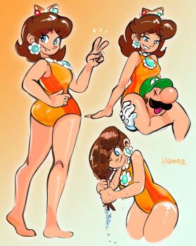:3 :d armpits artist_name ass bare_legs barefoot blue_eyes brown_hair crown curvy drying drying_hair earrings facial_hair feet flower_earrings flower_ornament gloves gluteal_fold gradient_background green_hat hat head_between_legs highres homar_simpleton jewelry knees legs leotard luigi mario_&amp;_sonic_(series) mario_&amp;_sonic_at_the_tokyo_2020_olympic_games mario_(series) multiple_views mustache nintendo one-piece_swimsuit one_eye_closed open_mouth playing princess princess_daisy princess_daisy_(gymnastics) sega sitting smile soles swimsuit trapped v wet wet_hair wide_hips wringing_hair x_x yellow_leotard