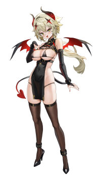 1girl absurdres bare_shoulders bikini black_bikini black_collar black_gloves black_horns black_shoes black_wings blonde_hair breasts brown_thighhighs collar covered_navel elbow_gloves fingerless_gloves gloves gradient_horns hair_between_eyes heart heart_tail high_heels highres horns huge_breasts lastation14 legs long_hair looking_at_viewer micro_bikini multicolored_horns multicolored_wings nail_polish open_mouth original red_horns red_nails red_wings shoes simple_background solo standing string_bikini swimsuit tachi-e tail thighhighs thighs two-tone_horns two-tone_wings white_background wings yellow_eyes