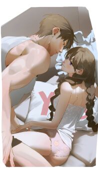 1boy 1girl absurdres apple_print ass bare_shoulders beyondthespace blush braid breasts brown_hair caleb_(love_and_deepspace) camisole couple food_print fruit_print hetero highres light_smile long_hair looking_at_another love_and_deepspace medium_breasts panties parted_lips pillow pink_panties print_panties protagonist_(love_and_deepspace) short_hair tank_top twin_braids underwear white_camisole white_tank_top