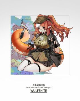 1girl arknights artist_name black_gloves black_jacket black_skirt breasts brown_eyes brown_hat character_name copyright_name fingerless_gloves glasses gloves green_shirt hat highres holding holding_with_tail jacket large_breasts long_hair miniskirt open_clothes open_jacket orange_hair pleated_skirt pointy_ears prehensile_tail semi-rimless_eyewear shirt sitting skirt snake_girl snake_tail solo straw_thoughts_(daocao) tail thighhighs under-rim_eyewear v visor_cap white_thighhighs wulfenite_(arknights) yokozuwari zettai_ryouiki