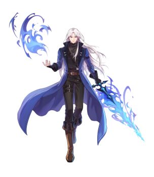 1boy absurdres ankle_boots arm_strap artist_request belt belt_boots belt_buckle black_belt black_gloves black_pants black_sweater blue_coat blue_fire blue_sleeves boots brown_belt brown_boots buckle closed_mouth coat covered_abs covered_pectorals curtained_hair dress_pants expressionless fire flaming_sword flaming_weapon floating_clothes floating_hair full_body gloves grey_eyes hair_behind_ear hair_intakes highres holding holding_sword holding_weapon jewelry lapels left-handed leg_belt long_hair looking_to_the_side male_focus multiple_belts necklace nexon notched_lapels o-ring o-ring_belt official_art open_clothes open_coat open_hand pants pectorals pocket second-party_source shoulder_belt simple_background solo straight_hair sweater sword sword_necklace tales_weaver tsurime turtleneck turtleneck_sweater walking_towards_viewer weapon white_background white_hair yevgnen_jineman