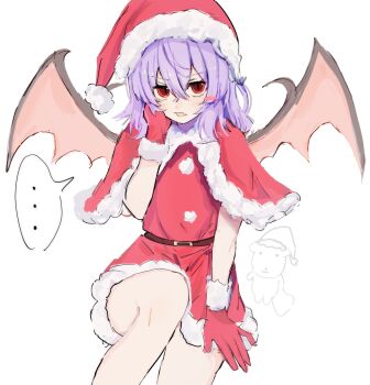 ... 1girl bat_wings belt blush capelet commentary_request dress ebuna fang gloves hair_between_eyes hand_on_own_cheek hand_on_own_face hat highres looking_at_viewer medium_hair parted_lips purple_hair red_capelet red_dress red_eyes red_gloves remilia_scarlet santa_costume santa_dress santa_hat skin_fang solo speech_bubble touhou white_background wings