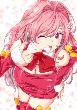 1girl alternate_costume bare_shoulders blush bow braid braided_bangs breasts christmas cleavage cleavage_cutout clothing_cutout commentary detached_sleeves dress feather-trimmed_sleeves flower food_on_hand hair_flower hair_intakes hair_ornament highres himemiya_karen large_breasts licking long_hair looking_at_viewer make_heroine_ga_oo_sugiru! mono9ron nail_polish one_eye_closed pencil_dress pink_hair raglan_sleeves red_bow red_dress red_nails red_thighhighs santa_costume santa_dress short_dress sleeveless sleeveless_dress solo thighhighs tongue tongue_out too_many_bows whipped_cream yellow_bow zettai_ryouiki