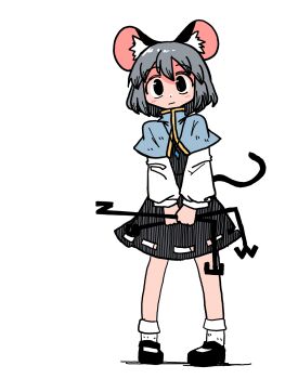 1girl animal_ear_fluff animal_ears black_dress black_eyes black_shoes blue_capelet capelet closed_mouth commentary_request dowsing_rod dress full_body grey_hair highres holding jewelry kasuya_baian long_sleeves looking_at_viewer mary_janes mouse_ears mouse_girl mouse_tail nazrin necklace pendant shoes socks solo tail touhou white_socks