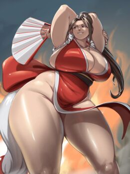 1girl 2025 alternate_breast_size_(larger) alterxsu arms_behind_head arms_up bare_legs bare_shoulders black_socks bow breasts brown_eyes brown_hair cleavage collarbone commentary contrapposto covered_navel cowboy_shot curly_hair dress english_commentary fatal_fury female_focus fire floating_clothes full_body gloves grin groin hand_fan highres holding holding_fan huge_breasts japanese_clothes looking_ahead looking_to_the_side ninja on_floor one_eye_closed outdoors overcast pelvic_curtain pink_lips plump ponytail red_dress rope sash shiny_skin shiranui_mai sky smile snk socks solo squatting straight_hair tabi the_king_of_fighters thick_thighs thighs white_sash wide_hips