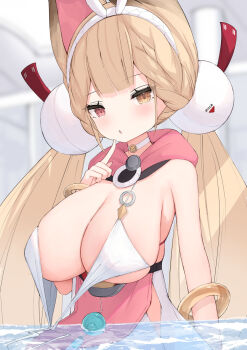 1girl alice_thymefield alice_thymefield_(sea_of_thyme) animal_ears arm_behind_back bangle bikini bikini_top_only blonde_hair blunt_bangs blurry blurry_background blush bracelet braid braided_bangs breasts casual_one-piece_swimsuit choker cisyo cleavage commentary_request finger_to_own_chin front-tie_bikini_top front-tie_top hair_ornament hairband hand_up heterochromia highres hood hood_down indoors jewelry large_breasts long_hair looking_at_viewer low_twintails official_alternate_costume one-piece_swimsuit open_clothes paid_reward_available parted_lips partially_submerged pink_one-piece_swimsuit rabbit_ears rabbit_girl red_eyes skindentation solo sphere_hair_ornament swimsuit twintails two-tone_one-piece_swimsuit underboob untied_bikini untied_bikini_top upper_body very_long_hair water white_bikini white_choker white_hairband white_one-piece_swimsuit yellow_eyes zenless_zone_zero