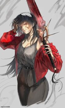 1girl absurdres belt black_hair blood blood_on_face breasts cleavage cowboy_shot double-parted_bangs glaring greatsword hand_on_own_head highres holding holding_sword holding_weapon jacket jacket_partially_removed logicsterrr long_hair looking_at_viewer morgan_(shadow_slave) narrowed_eyes over_shoulder parted_lips red_eyes red_jacket shadow_slave shirt shirt_tucked_in solo spaghetti_strap sword sword_over_shoulder weapon weapon_over_shoulder white_shirt