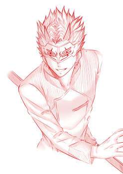 1boy adam_taurus highres jindianjun leaning_forward lineart male_focus mask monochrome rwby smile solo spiked_hair