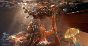 2girls air_bubble black_eyes black_hair bubble canoe caustics crown hand_on_another&#039;s_face head_down highres jellyfish jewelry long_hair looking_at_another mermaid monster_girl multiple_girls necklace original reaching reaching_towards_another smile submerged subsurface_scattering tooth_necklace underwater upper_body wlop yuri