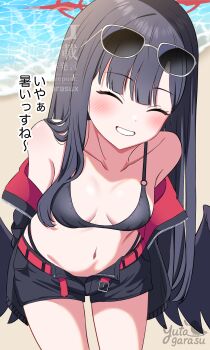 1girl ^_^ absurdres bare_shoulders beach belt belt_buckle bikini bikini_under_clothes black_bikini black_hair black_jacket black_shorts black_wings blue_archive blush breasts buckle closed_eyes collarbone commentary_request day eyewear_on_head facing_viewer halo highres ichika_(blue_archive) ichika_(swimsuit)_(blue_archive) jacket long_hair low_wings medium_breasts navel o-ring o-ring_bikini o-ring_top off_shoulder open_clothes open_fly open_jacket open_shorts outdoors paid_reward_available red_belt sand shorts smile solo sunglasses swimsuit translation_request very_long_hair water watermark wings yutagarasu