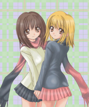 1boy 1girl blush brown_hair cowboy_shot kurimi_rina long_sleeves looking_at_viewer miniskirt pleated_skirt pretty_face randou_masashi red_eyes short_hair skirt standing tareme trap