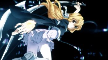 1girl arm_tattoo black_jacket blonde_hair breasts brown_eyes closed_mouth cropped_jacket dress female_focus highres holding holding_sword holding_weapon iltutmish jacket legs loli long_hair long_sleeves looking_at_viewer looking_back miniskirt no_panties sexually_suggestive skirt small_breasts solo solo_focus sword taboo_tattoo tattoo thighs upskirt weapon white_dress white_skirt