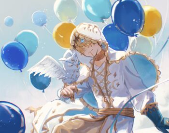 1boy balloon bird bird_on_hand blindfold blue_gemstone blue_gloves brown_hair claws eli_clark eli_clark_(lunar_phase) facial_mark floating_clothes gem gloves gold_trim hanaochi_pic highres identity_v jewelry male_focus neck_ring official_alternate_costume one_eye_closed owl puffy_sleeves robe single_glove solo upper_body veil white_robe white_veil