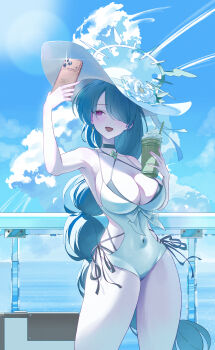 1girl 4meart0112 absurdres armpits black_choker black_hair blue_archive blue_sky blush breasts choker cleavage commentary covered_navel cross cross_earrings drink earrings flower hair_over_one_eye halo hat hat_flower highres hinata_(blue_archive) hinata_(swimsuit)_(blue_archive) holding holding_drink jewelry large_breasts long_hair multi-tied_hair official_alternate_costume official_alternate_hairstyle one-piece_swimsuit open_mouth red_eyes selfie sky solo sun_hat swimsuit very_long_hair white_flower white_halo white_hat white_one-piece_swimsuit