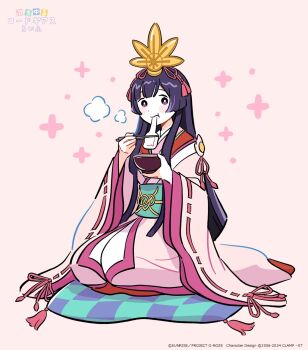 1girl black_hair code_geass code_geass:_dakkan_no_roze eating haruyanagininomiya_sakura highres japanese_clothes long_hair official_art purple_eyes solo