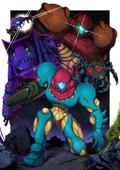 Rule 34 | 1girl, arm cannon, armor, assault visor, blue visor, bug, commentary request, full armor, fusion suit, green visor, helmet, highres, kneeling, metroid, metroid fusion, multicolored armor, nightmare (metroid), nintendo, power armor, power suit (metroid), sa-x, samus's gunship, samus aran, science fiction, spider, varia suit, wakaba (wata ridley), weapon, yakuza (metroid)