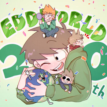 Rule 34 | 4boys, anniversary, antenna hair, black eyes, black shoes, blue hoodie, blue pants, blush, brown hair, chibi, commentary request, confetti, copyright name, denim, drawstring, earth (planet), edd (eddsworld), eddsworld, english text, flipped hair, green background, green hoodie, green jacket, grin, hair behind ear, hair ears, highres, holding, holding mirror, holding planet, hollow eyes, hood, hood down, hoodie, jacket, jeans, long sleeves, male focus, matt (eddsworld), mau (edd tom), mini person, miniboy, mirror, multiple boys, musical note, on head, one eye closed, open clothes, open mouth, orange hair, pants, planet, purple hoodie, red hoodie, shoes, short hair, simple background, sitting, smile, sneakers, solo focus, sparkle, spiked hair, swept bangs, tom (eddsworld), tord (eddsworld)