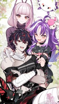 1boy 2girls absurdres akagi_(sk0127aho) antennae arthropod_limbs bandaged_arm bandaged_leg bandages black_choker black_dress black_hair black_shirt breasts choker cleavage closed_mouth cross cross_earrings crossed_arms crossed_bangs cuffs dress earrings eye_print eyebrow_piercing eyelashes face_piercing facial_mark fang fishnet_pantyhose fishnets handcuffs highres jared_(michi_mochievee) jewelry kuro_kurenai kuro_kurenai_(1st_costume) long_hair matara_kan michi_mochievee michi_mochievee_(1st_costume) multicolored_eyes multicolored_hair multiple_girls necklace one_eye_closed open_mouth pantyhose piercing pink_hair purple_eyes purple_hair purple_nails purple_sweater red_eyes red_hair ribbed_sweater shirt single_earring skin_fang stitched_face stitched_torso stitches streaked_hair sweater torn_clothes torn_dress torn_pantyhose turtleneck turtleneck_sweater virtual_youtuber vshojo white_hair