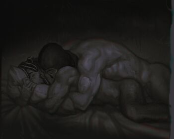 2boys absurdres anal ass asymmetrical_hair bara bed call_of_duty call_of_duty:_modern_warfare_2 completely_nude erection facial_hair ghost_(modern_warfare_2) grabbing_another&#039;s_face hand_on_another&#039;s_face head_grab highres hugging_object large_pectorals lying male_focus male_penetrated mask monochrome multiple_boys muscular muscular_male netcrow98 nude on_bed on_stomach pectorals penis pillow pillow_hug sex short_hair sidecut soap_(modern_warfare_2) undercut yaoi