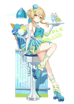 1girl absurdres alternate_costume bare_shoulders blonde_hair blue_shoes commentary_request elbow_gloves fishnet_pantyhose fishnets full_body genshin_impact gloves hair_between_eyes hair_ornament highres looking_at_viewer lumine_(genshin_impact) pantyhose parted_lips shirt shoes short_hair_with_long_locks simple_background single_leg_pantyhose sitting skirt sleeveless sleeveless_shirt socks solo white_background white_gloves yellow_eyes yu-ri_(arium047)