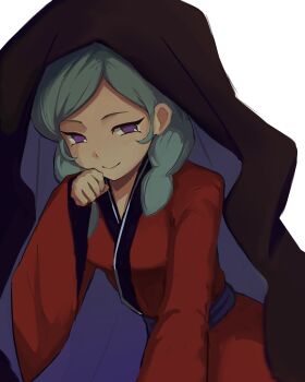 Rule 34 | 1girl, aqua hair, beta (inazuma eleven), black veil, breasts, fibe7z, hand up, highres, inazuma eleven (series), inazuma eleven go, inazuma eleven go chrono stone, japanese clothes, kimono, light blush, long hair, no pupils, paw pose, purple eyes, red kimono, small breasts, smile, solo, veil, white background