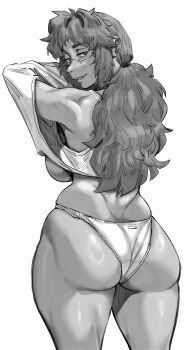 Rule 34 | 1girl, aarokira, absurdres, ass, breasts, commentary, dressing, english commentary, freckles, from behind, glasses, greyscale, highres, large breasts, long hair, looking back, low ponytail, mature female, monochrome, original, panties, ponytail, sideboob, solo, standing, thick thighs, thighs, underwear, white background, wide hips