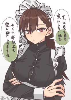 1girl absurdres alternate_costume black_dress brown_eyes brown_hair commentary_request crossed_arms dress enmaided expressionless highres kantai_collection long_hair looking_at_viewer maid maid_headdress motizou ooi_(kancolle) simple_background solo upper_body white_background
