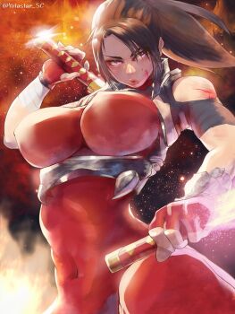 1girl bare_shoulders battle_damage bodysuit breasts brown_hair covered_erect_nipples cowboy_shot dual_wielding hashtag-only_commentary high_ponytail holding holding_knife holding_weapon knife large_breasts ponytail red_bodysuit short_sword solo soul_calibur sword taki_(soulcalibur) tantou twitter_username weapon yotastar