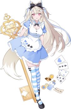 1girl absurdres ace_(playing_card) ace_of_hearts alice&#039;s_adventures_in_wonderland animal_ear_fluff animal_ears apron blonde_hair blue_dress blue_hair blue_thighhighs breasts card character_name cleavage cookie dog_ears dog_girl dog_tail dress english_text five_of_spades food four_of_diamonds full_body fuwawa_abyssgard heart highres holding holding_key hololive hololive_english key large_breasts long_hair multicolored_hair oversized_object pink_eyes playing_card simple_background solo striped_clothes striped_thighhighs tail thighhighs three_of_clubs tsukiaito two-tone_hair two-tone_thighhighs two_side_up virtual_youtuber white_apron white_background white_thighhighs yellow_tail