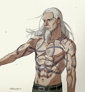 Rule 34 | 1boy, abs, belt, black belt, chest tattoo, collarbone, commentary request, foxvulpine, golden kamuy, grey beard, grey eyes, grey hair, highres, hijikata toshizou (golden kamuy), long hair, male focus, navel, nipples, old, old man, outstretched arm, parted lips, pectorals, solo, tattoo, topless male, upper body, white background, wrinkled skin