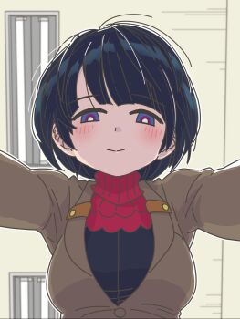 Rule 34 | 1girl, black hair, blue eyes, breasts, brown jacket, commentary request, gundam, gundam gquuuuuux, highres, jacket, kazkitashima, large breasts, pov, shiiko sugai, short hair, smile, solo, turtleneck