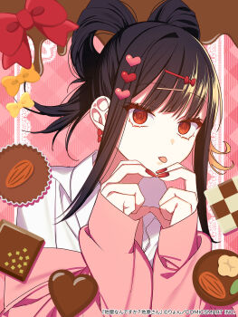 Rule 34 | 1girl, @ @, black hair, border, bow, bow earrings, candy, chihara mai, chocolate, chocolate heart, collared shirt, commentary request, copyright notice, diagonal-striped border, earrings, food, hair ornament, hairclip, heart, heart-shaped food, heart hair ornament, heart hands, highres, jacket, jewelry, jirai nan desu ka? chihara-san, long hair, looking at viewer, off shoulder, orange bow, outside border, pink border, pink jacket, red bow, red eyes, ryon (ryonhei), second-party source, shirt, sidelocks, solo, tongue, tongue out, upper body, white shirt, yellow bow
