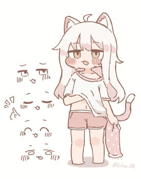 1girl ^_^ animal_ear_fluff animal_ears barefoot blush cat_ears cat_girl cat_tail chibi chibi_only closed_eyes colon_br commentary_request fang hair_between_eyes hand_under_clothes hand_under_shirt highres holding holding_pillow kommy_(trickcal) long_hair multiple_expressions navel open_mouth orange_eyes pillow shirt short_shorts short_sleeves shorts simple_background standing sweat tail trickcal twitter_username white_background white_hair white_shirt