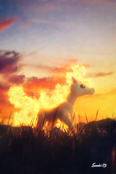 Rule 34 | absurdres, black sclera, cloud, cloudy sky, colored sclera, fiery hair, fiery tail, fire, gen 1 pokemon, grass, highres, horse, nintendo, no humans, orange sky, pokemon, pokemon (creature), pokemon focus, pokemon rgby, ponyta, serebii (artist), sky, standing, sunset, tail, white eyes