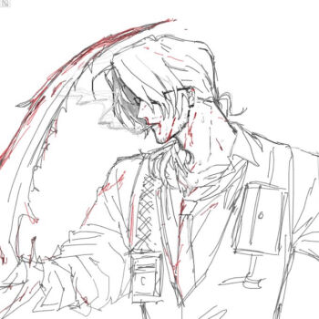 Rule 34 | 1boy, absurdres, arthropod limbs, beard stubble, bleeding, blood, blood on clothes, blood on face, blood on hand, blood splatter, breast pocket, cigarette, collarbone, collared shirt, facial hair, formal clothes, from side, glasses, gregor (project moon), greyscale, highres, id card, limbus company, limited palette, long hair, long sleeves, looking down, looking to the side, low ponytail, male focus, monochrome, mouth hold, name tag, necktie, parted bangs, parted lips, pocket, ponytail, project moon, semi-rimless eyewear, shirt, simple background, sketch, sleeves rolled up, smoke, smoking, solo, spot color, stubble, sweat, under-rim eyewear, upper body, vest