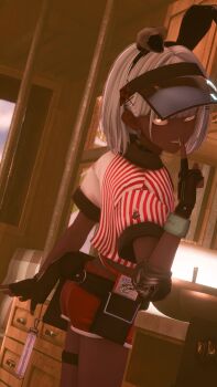 1boy 3d absurdres american_diner_bunny_boy_(nefer) animal_ears bedroom bob_cut commentary_request crop_top dark-skinned_male dark_skin diner dolphin_shorts fingerless_gloves fingernails gloves highres indoors long_fingernails looking_at_viewer nail_polish nefer original rabbit_ears shorts smile standing trap