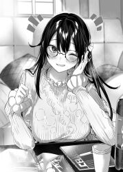 Rule 34 | 1girl, blush, bottle, bow, breasts, commentary request, cup, glasses, greyscale, hair bow, hand in own hair, hands up, highres, hitotsuba kaede, index finger raised, indoors, kakao (chocolate land), large breasts, long hair, looking at viewer, monochrome, notebook, novel illustration, official art, one eye closed, pen, raised eyebrows, ryoushin no shakkin, second-party source, smile, solo, window
